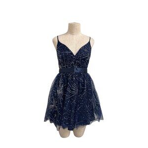 Windsor Navy Blue Sequin Fit Flare Prom Dress With Spaghetti Straps Size M